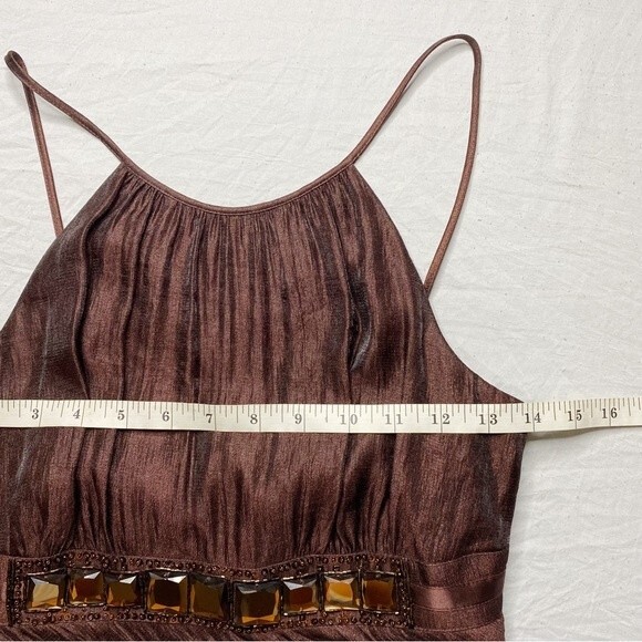 Caché Brown Ruffle Layered Tiered Jewel Beaded Cocktail Party Dress Satin Size 4 - Picture 10 of 11
